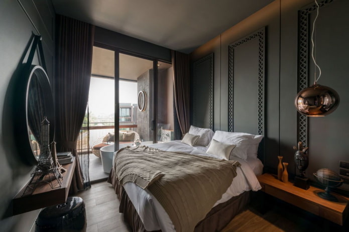 textiles in the bedroom interior in black tones