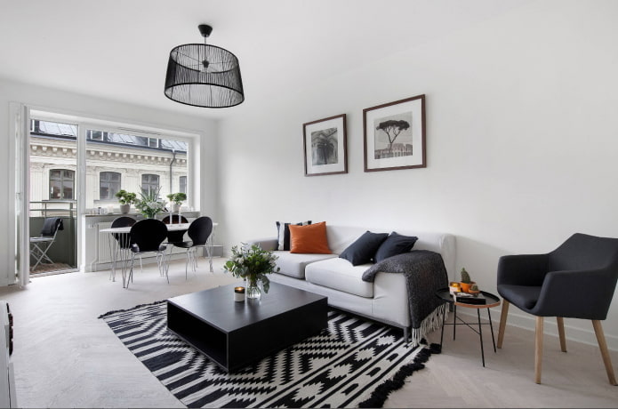 lighting and decor in the living room in black and white tones