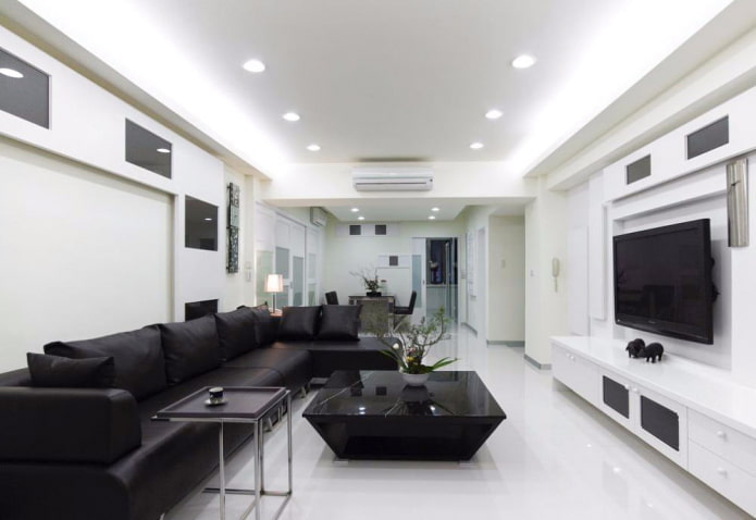 lighting and decor in the living room in black and white