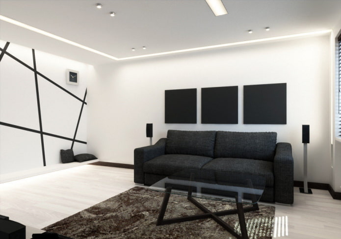 furniture and textiles in the living room in black and white tones