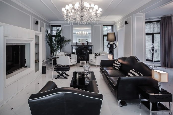 lighting and decor in the living room in black and white