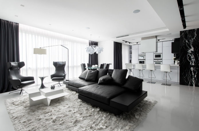 living room interior in black and white tones
