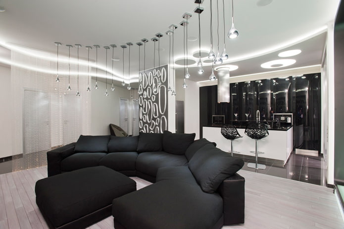 black and white living room lighting and decor