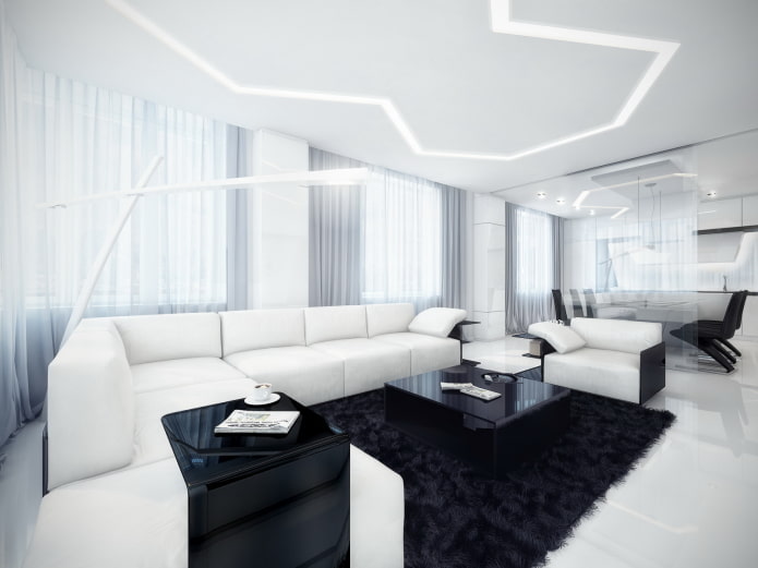 living room in black and white tones in hi-tech style