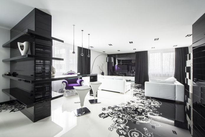 living room in black and white tones in art deco style