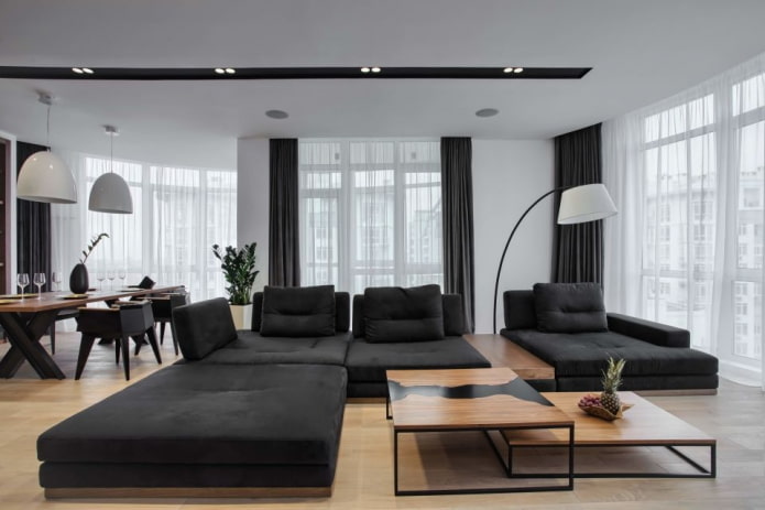 color combination in the living room in black and white tones
