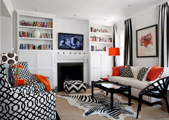 living room in black and white with bright accents