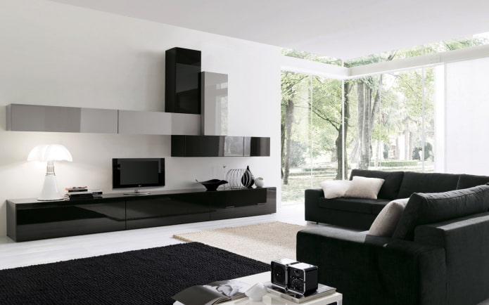 furniture and textiles in the living room in black and white tones