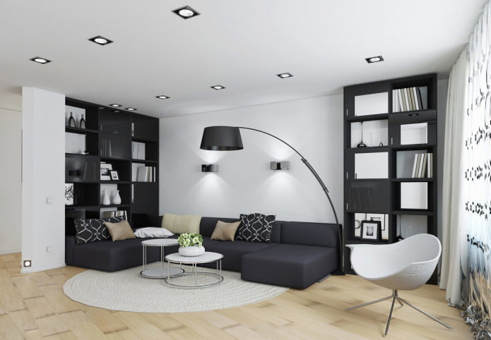 furniture and textiles in the living room in black and white tones