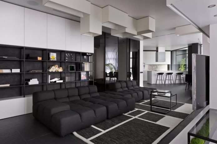 living room interior in black and white tones