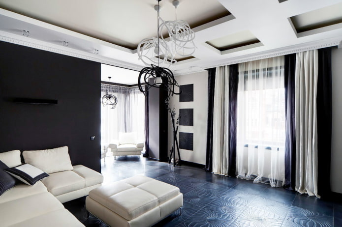 furniture and textiles in the living room in black and white tones