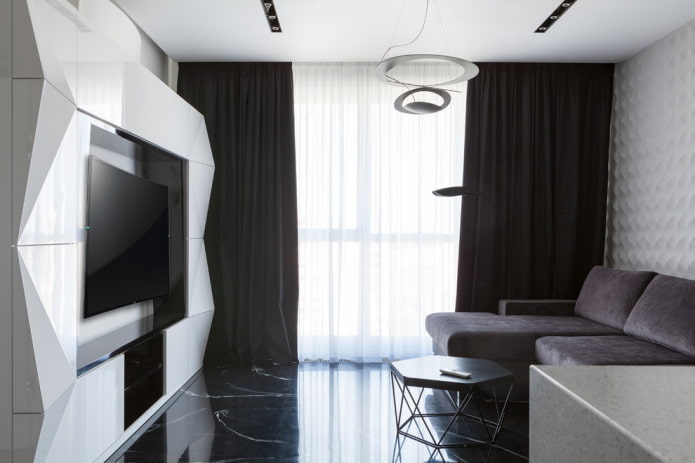 furniture and textiles in the living room in black and white