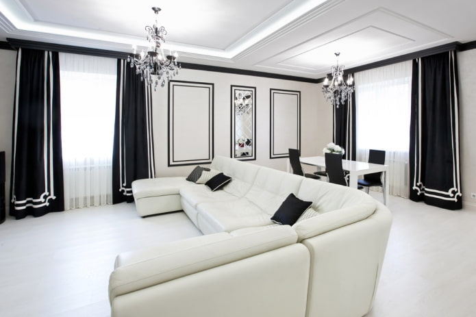 black and white living room lighting and decor