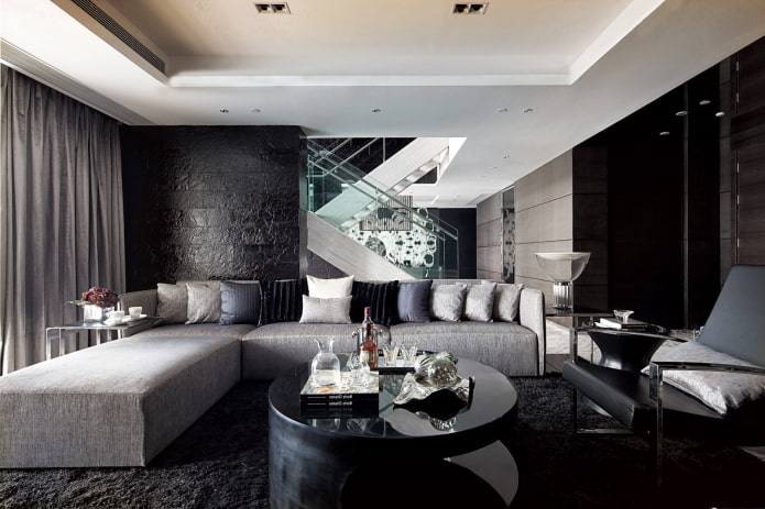 color combination in the living room in black and white tones