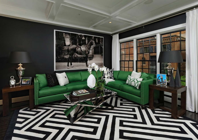 living room in black and white tones with bright accents