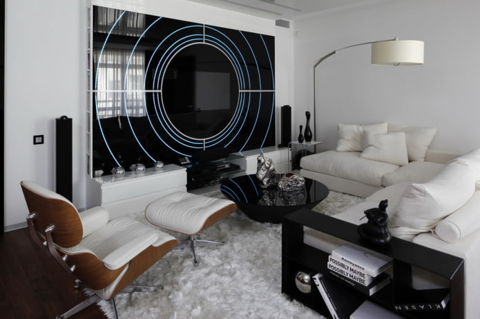 lighting and decor in the living room in black and white tones