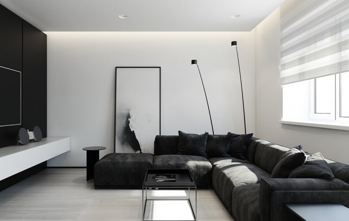 living room in black and white tones in minimalist style