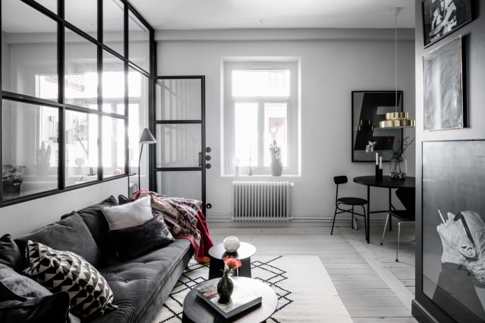 living room in black and white tones in Scandinavian style