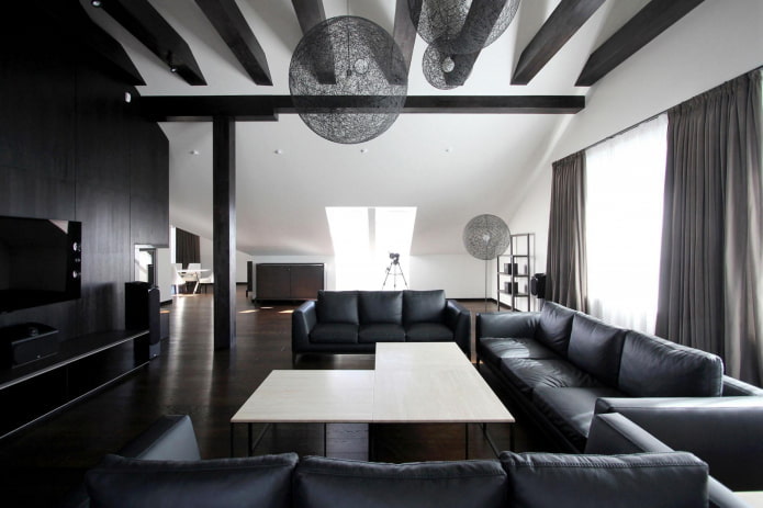 living room in black and white tones in loft style