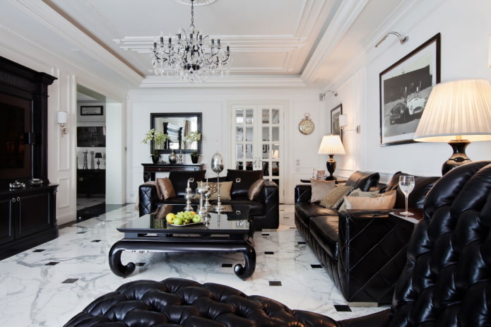 living room in black and white tones in neoclassical style