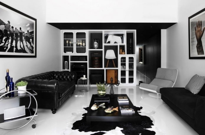 living room interior in black and white tones