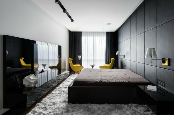 furniture in the bedroom interior in black and white tones