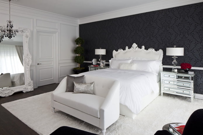 furniture in the bedroom interior in black and white tones