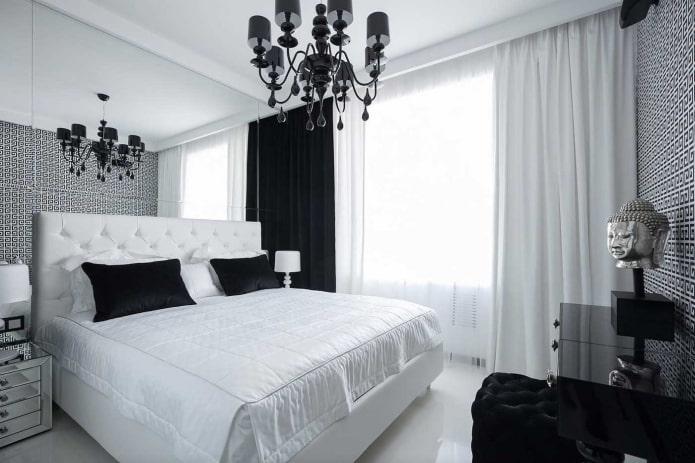 textiles in the bedroom interior in black and white tones