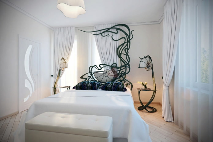 black and white bedroom interior in Art Nouveau style