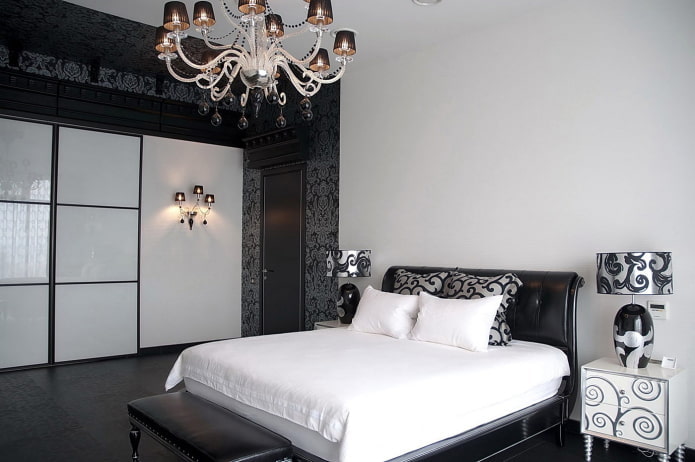 black and white bedroom interior in art deco style