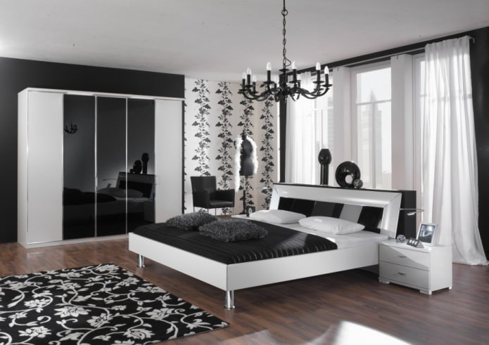 furniture in the bedroom interior in black and white tones