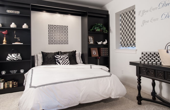 furniture in the bedroom interior in black and white tones