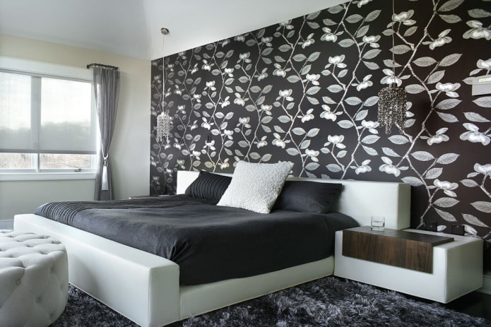 furniture in the bedroom interior in black and white tones