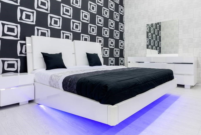 furniture in the bedroom interior in black and white tones