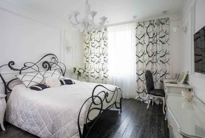 furniture in the bedroom interior in black and white tones