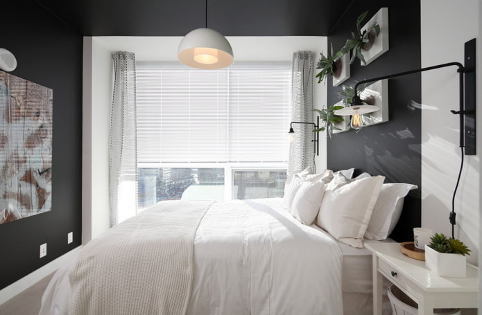 textiles in the bedroom interior in black and white tones