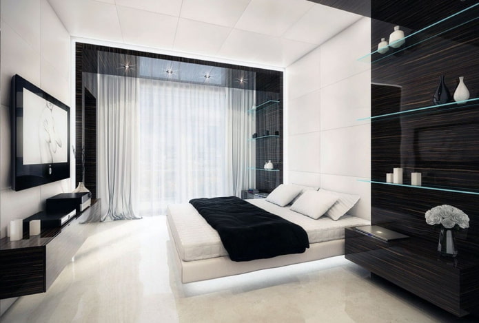 black and white bedroom interior in hi-tech style