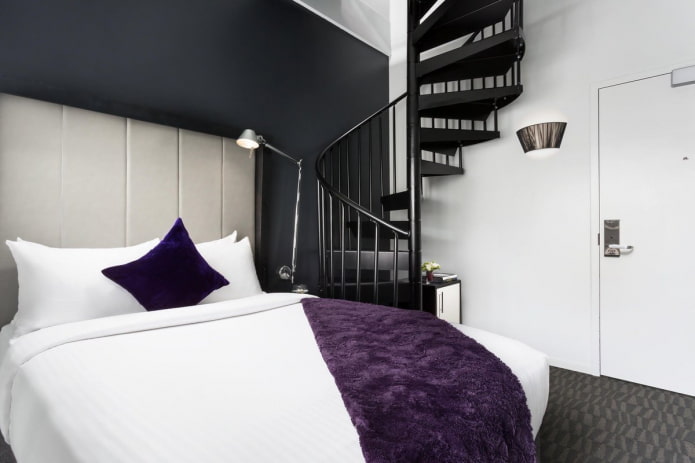 textiles in the bedroom interior in black and white tones