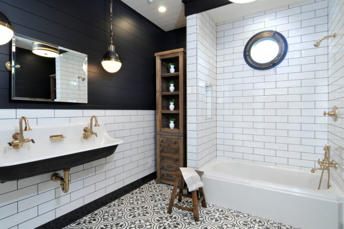 Hog-shaped tiles in a black and white interior