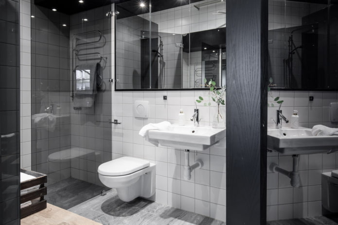 White tiles and a black glossy ceiling