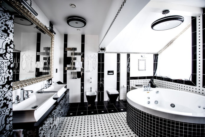 black and white attic bathroom