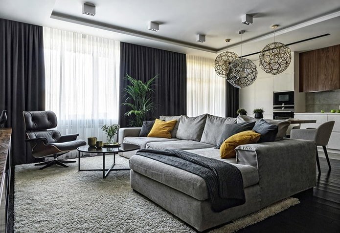 Black blackout curtains in the living room
