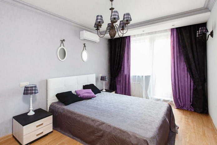 gray wallpaper combined with black curtains