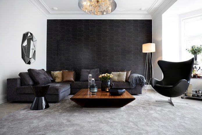 corner sofa with gray-black fabric upholstery