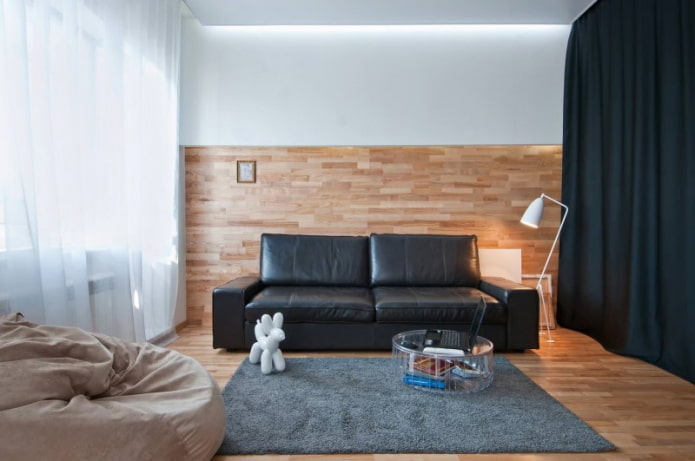white tulle and a black sofa