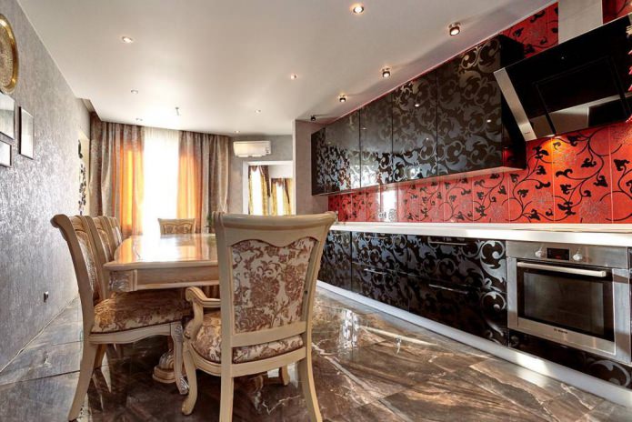 kitchen with a black set and metallic wallpaper
