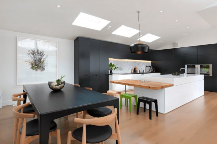 modern black set in the kitchen interior