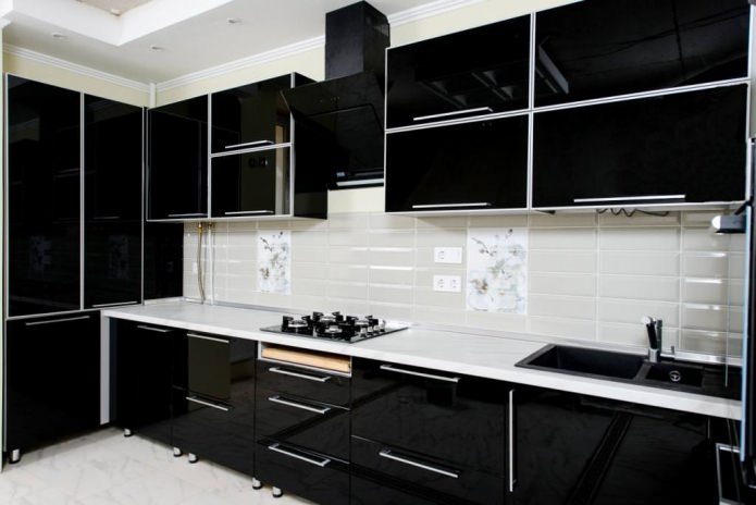 black glossy kitchen set in minimalist style