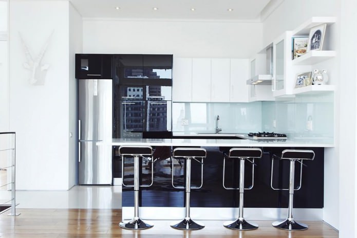 Black and white kitchen set with a bar counter