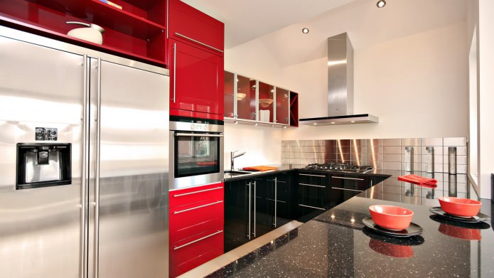 kitchen with a black and red set